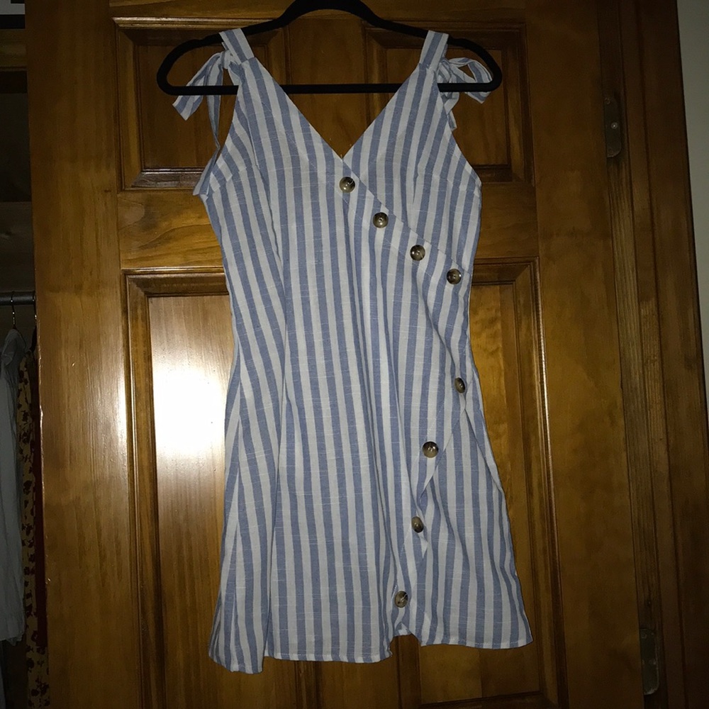 Striped button dress with tie shoulders